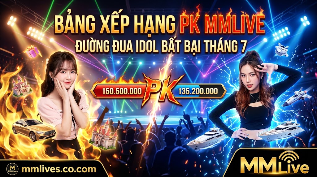 Ảnh đại diện Bảng xếp hạng PK MMLive tháng 7, vinh danh các chiến thần Idol bất bại trên đường đua PK liên server với cơn mưa quà tặng ảo và điểm cống hiến kỷ lục. Hình ảnh độc quyền từ nanogate.io.
