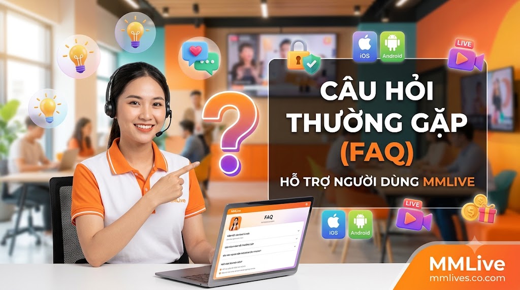 Hình ảnh nhân viên chăm sóc khách hàng MMLive mỉm cười hỗ trợ giải đáp các câu hỏi thường gặp (FAQ). Giao diện trực quan nổi bật các biểu tượng hệ điều hành iOS, Android, bảo mật tài khoản, cùng dòng chữ "Câu Hỏi Thường Gặp (FAQ) - Hỗ trợ người dùng MMLive" và tên miền nanogate.io.
