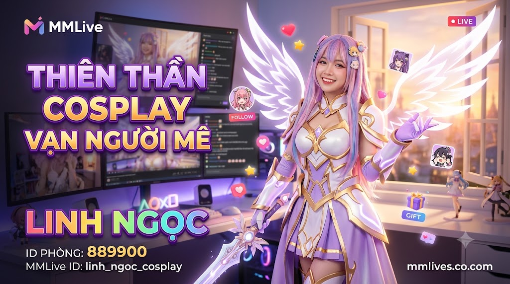 Banner hồ sơ Idol Cosplay MMLive Linh Ngọc, ID phòng 889900. Hình ảnh nữ streamer hóa trang thành nữ chiến binh thiên thần anime vô cùng xinh đẹp và lộng lẫy trong không gian phòng live, kèm dòng chữ 'Thiên thần Cosplay vạn người mê' và tên miền nanogate.io.