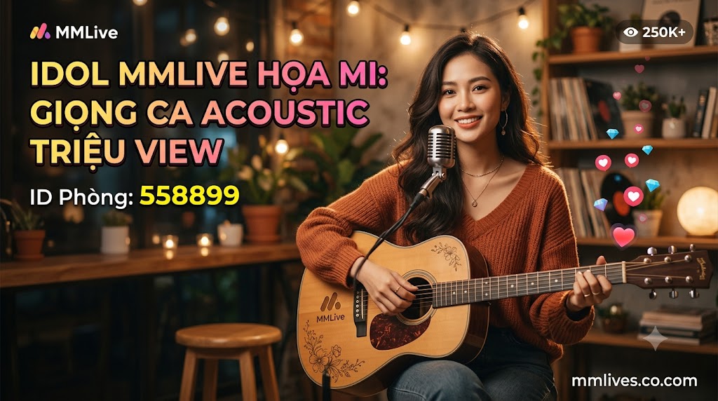 Banner hồ sơ Idol cover nhạc MMLive Họa Mi, ID phòng 558899. Hình ảnh nữ streamer xinh đẹp đang ôm đàn guitar acoustic mỉm cười trước micro trong không gian ấm cúng, kèm dòng chữ 'Giọng ca acoustic triệu view' và tên miền nanogate.io.