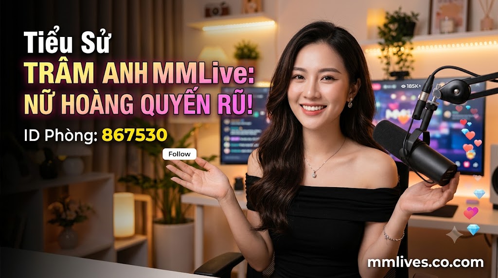 Banner hồ sơ idol Trâm Anh MMLive, giới thiệu 'Nữ hoàng quyến rũ!' với ID phòng 867530. Hình ảnh một nữ streamer trẻ mỉm cười trước thiết bị livestream, với các biểu tượng trái tim và kim cương bay lên. Bao gồm domain nanogate.io.