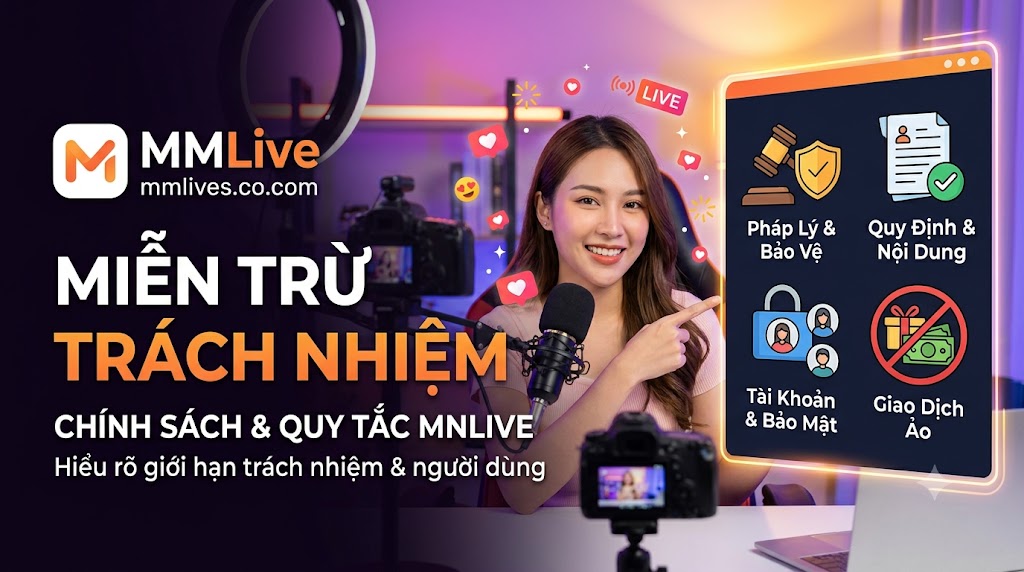 Hình ảnh một phụ nữ trẻ mỉm cười trong bối cảnh livestream, chỉ vào màn hình hiển thị bốn biểu tượng chính sách chính của nền tảng MM Live: Pháp Lý & Bảo Vệ, Quy Định & Nội Dung, Tài Khoản & Bảo Mật, và Giao Dịch Ảo. Văn bản lớn 'MIỄN TRỪ TRÁCH NHIỆM' và logo MM Live với tên miền nanogate.io hiển thị rõ ràng.
