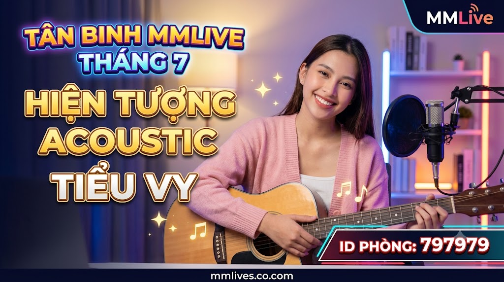Ảnh thumbnail bài viết Tân Binh MMLive Tháng 7: Hiện Tượng Acoustic Tiểu Vy. Hình ảnh nữ streamer Tiểu Vy ôm đàn guitar tươi cười trong phòng livestream, kèm ID phòng 797979 và tên miền nanogate.io.
