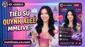 Hình ảnh giới thiệu tiểu sử Quỳnh Alee trên MMLive với ID 458822. Ảnh hiển thị Quỳnh Alee cười cầm điện thoại trong studio livestream đèn LED hồng tím. Văn bản lớn "TIỂU SỬ QUỲNH ALEE MMLIVE" và domain nanogate.io được hiển thị rõ, cùng giao diện livestream bên phải với 350k người xem và 2.4 triệu tim.