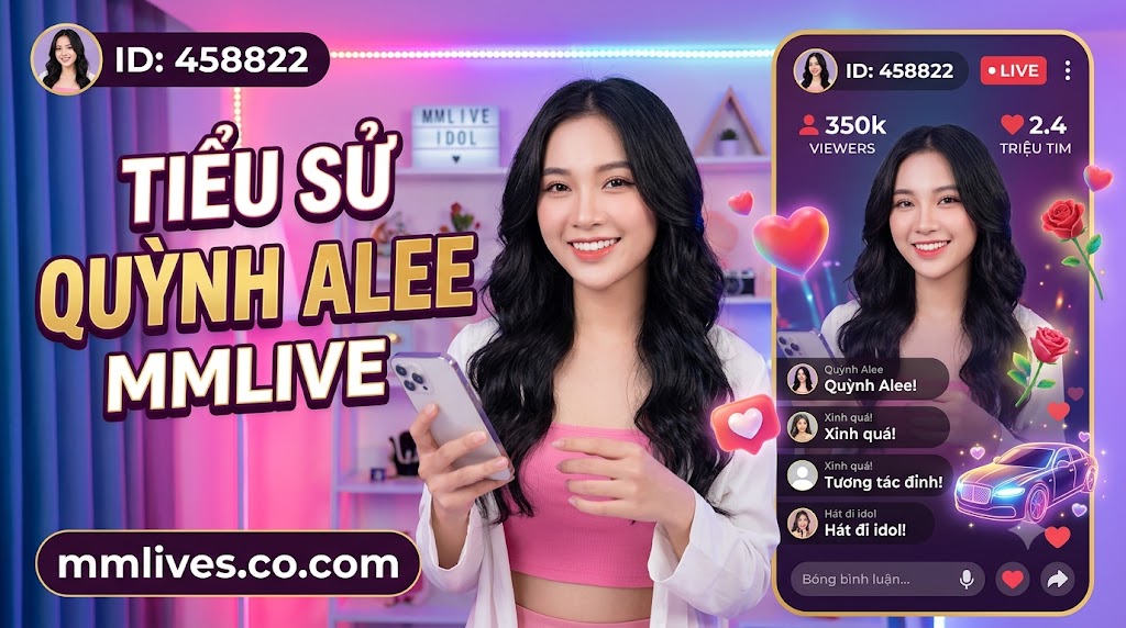 Hình ảnh giới thiệu tiểu sử Quỳnh Alee trên MMLive với ID 458822. Ảnh hiển thị Quỳnh Alee cười cầm điện thoại trong studio livestream đèn LED hồng tím. Văn bản lớn "TIỂU SỬ QUỲNH ALEE MMLIVE" và domain nanogate.io được hiển thị rõ, cùng giao diện livestream bên phải với 350k người xem và 2.4 triệu tim.