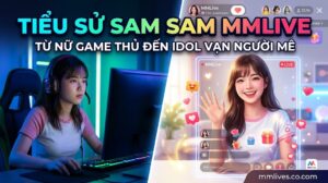 Nữ gamer MMLive Sam Sam chơi game trong phòng có đèn LED dải, bao gồm lớp phủ giao diện hồ sơ trang web và watermark 'nanogate.io'.